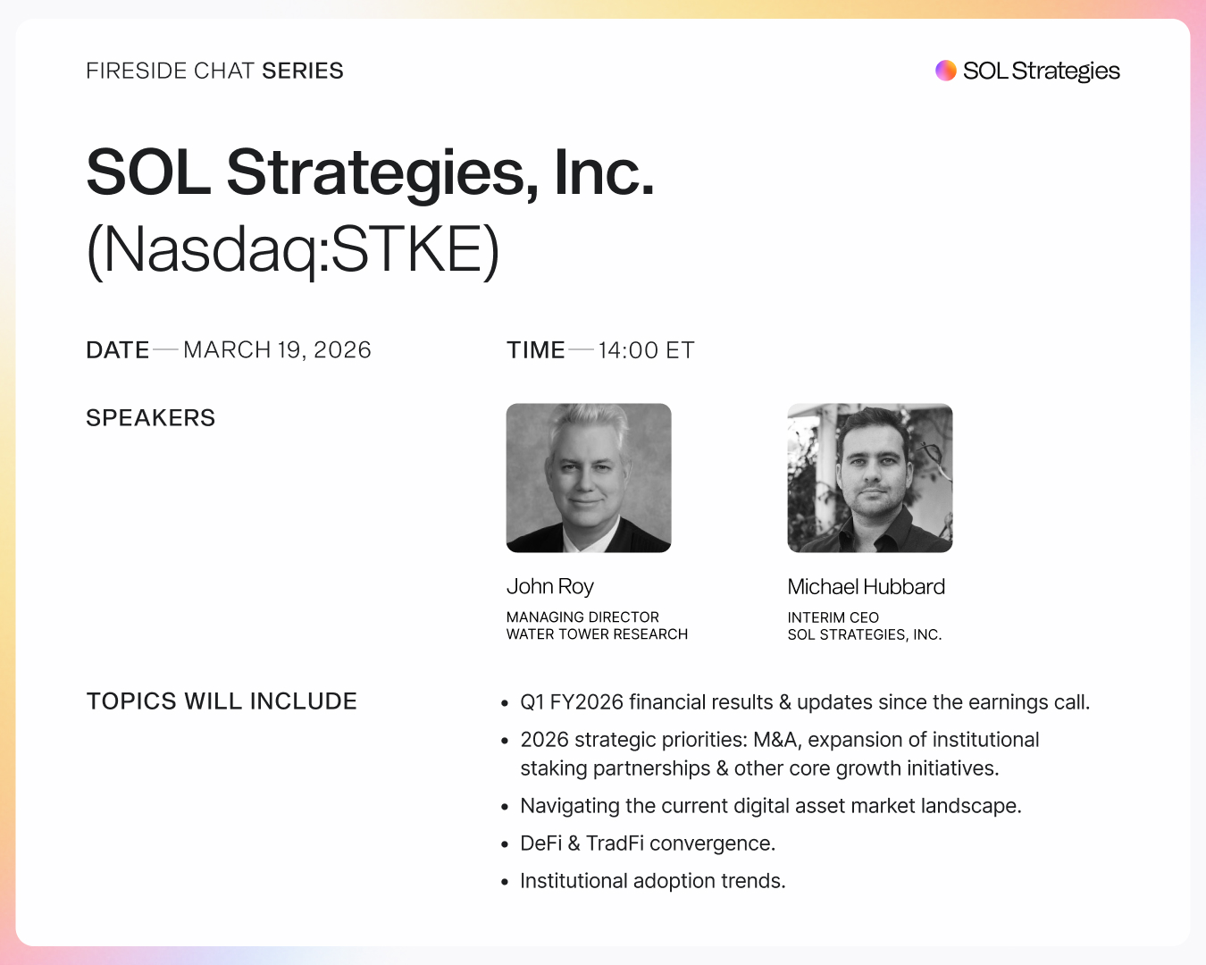 SOL Strategies To Participate In Water Tower Research Fireside Chat On March 19